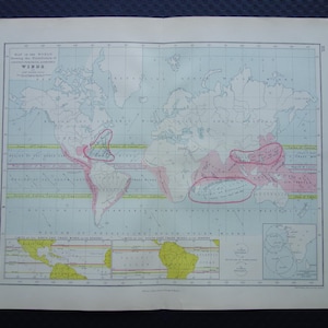 May include: A vintage world map, depicting continents in blue, green, and yellow hues. The map features text and annotations in black and red, with pink highlighted areas. The title reads "Map of the World". Measurements are not applicable.