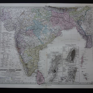 INDIA vecchia mappa 1877 GRANDE stampa antica originale colorata a mano su Madras Calcutta Sri Lanka mappe d'epoca India britannica poster 14x18" grande