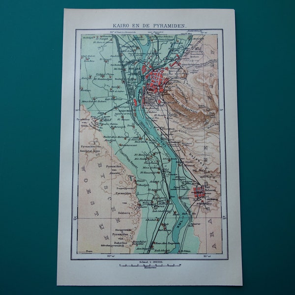 Antique map of Cairo and Pyramids Egypt 1909 Original Dutch old print about Memphis Gizeh Cheops Helwan small vintage maps