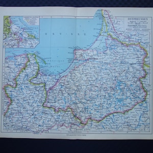 Vecchia mappa della Prussia orientale, stampa tedesca d'epoca del 1928, Ostpreussen, Polonia, Russia, inserto, Danzica, Königsberg, Danzica, Kaliningrad, mappe antiche