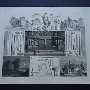 May include: Black and white print featuring architectural elements, tools, and a classical statue. The print is divided into sections, showcasing various objects and scenes, including buildings, tools, and a classical statue.