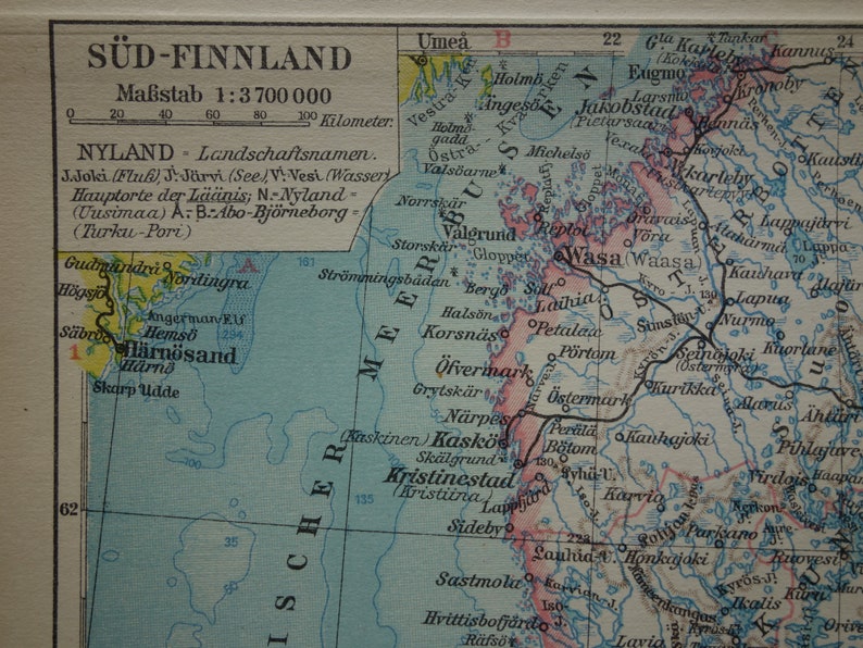 Old map of Finland Original 1928 antique print about Helsinki Turku Åbo antik gammal karta av Finlands vintage 16x24c 6x9 inch image 2