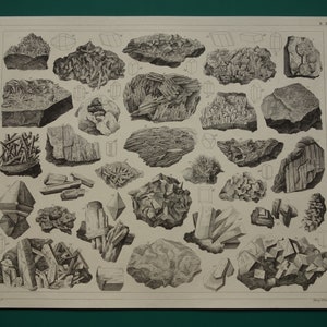 Lámina antigua de MINERALES. Precioso póster original de más de 175 años. Imágenes vintage en blanco y negro de rocas, piedras y cristales minerales. Ilustración de 9x12 pulgadas.