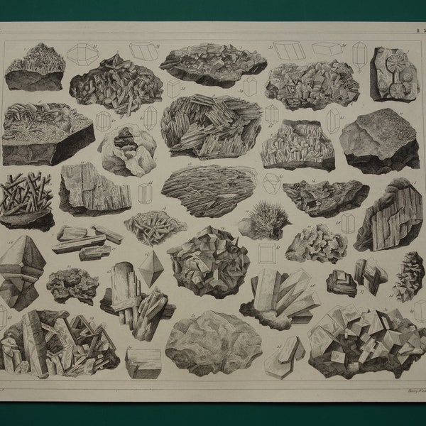 MINERALS antique print Lovely original 170+ years old poster Vintage b/w pictures of mineral rocks stones crystals illustration 9x12"