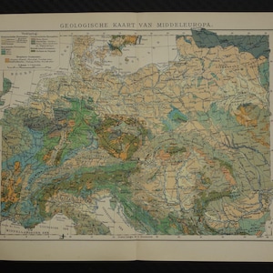 May include: A vintage geological map of Central Europe, featuring a detailed depiction of the region's geological features. The map uses a variety of colors to represent different geological formations. The title "GEOLOGISCHE KAART VAN MIDDELEUROPA" is printed at the top.