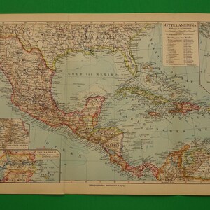 May include: A vintage map of Central America, showing detailed geographical features. The map includes countries such as Mexico, Cuba, and Panama, with text in German. The map is printed on aged paper, with a green background.