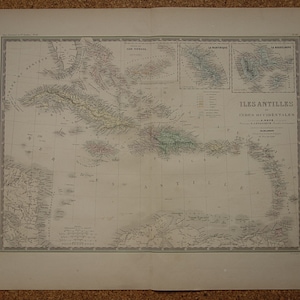 Grande mapa antigo do Caribe - bela impressão original colorida à mão de 1876 - antigos mapas de pôster vintage das Índias Ocidentais Antilhas - 19x24" grande