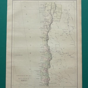 CHILE stara mapa Chile 1896 oryginalna antyczna francuska drukowana mapa w stylu vintage ręcznie kolorowana Santiago Serena Lebu