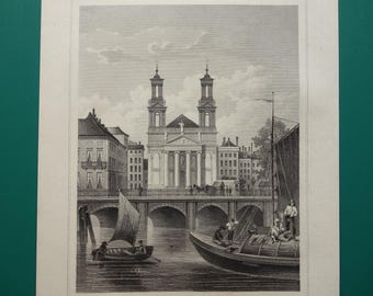 Moses and Aaron Church Amsterdam old print 1858 original antique engraving city view panorama Amsterdam - small vintage prints