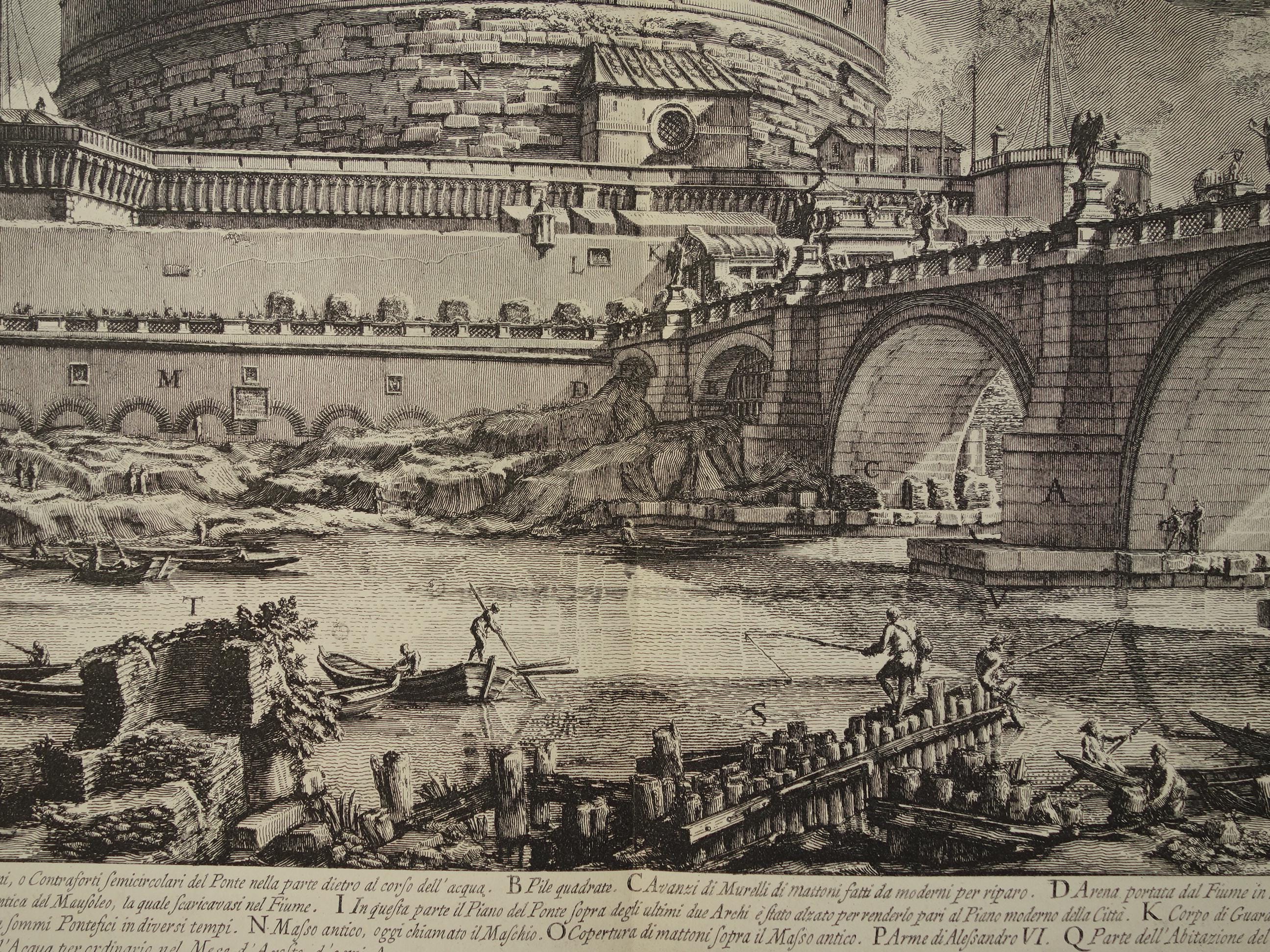Large Piranesi Print of Castel Sant'angelo in Rome Original 1886