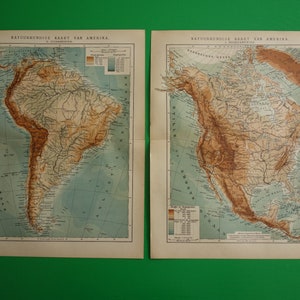 Ensemble de deux cartes anciennes de l'AMÉRIQUE, originales, hollandaises sur le continent américain, imprimé vintage en petit poster, sur le continent américain