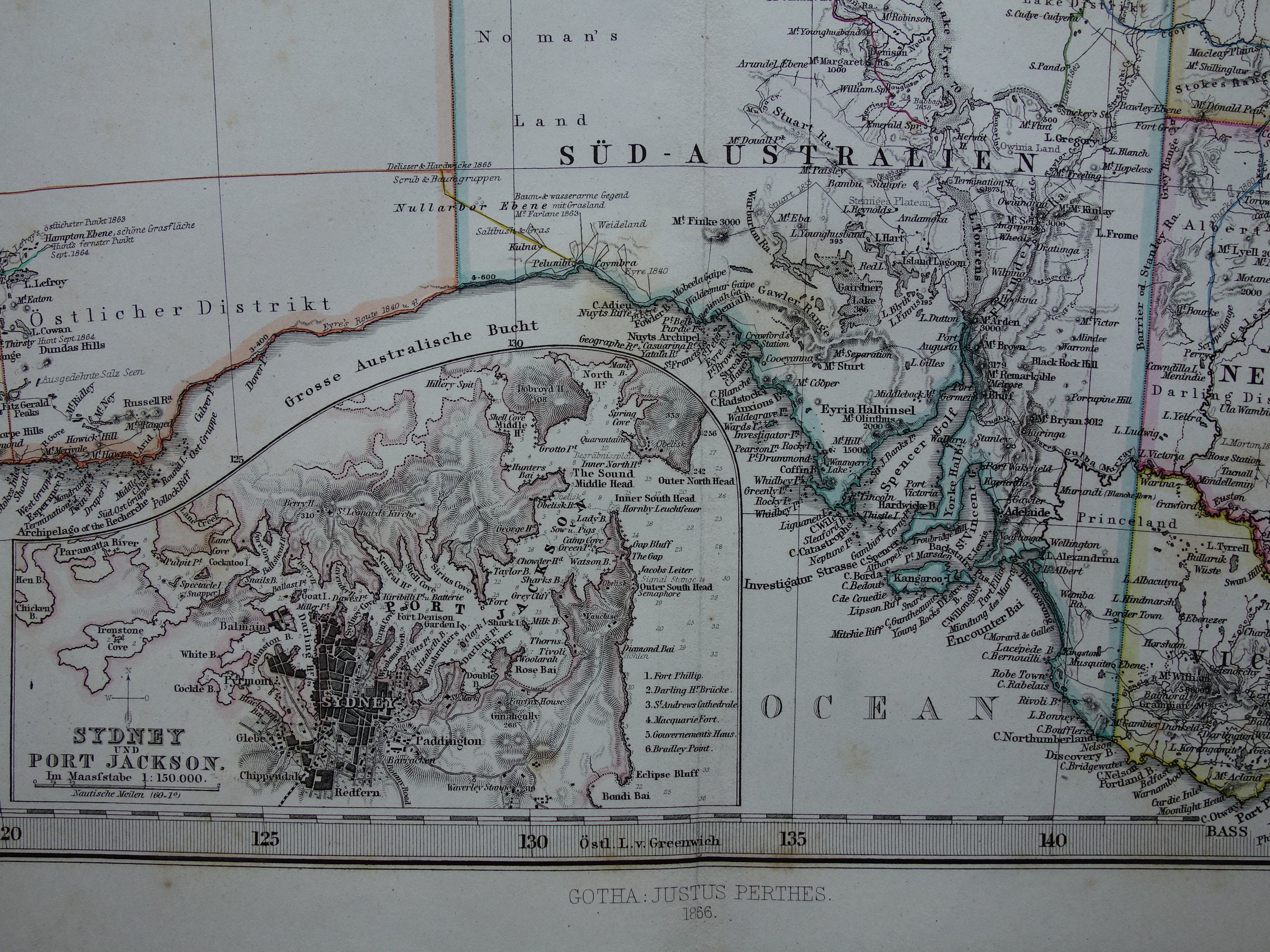 オーストラリアのアンティーク地図 1866年オリジナル 手彩色