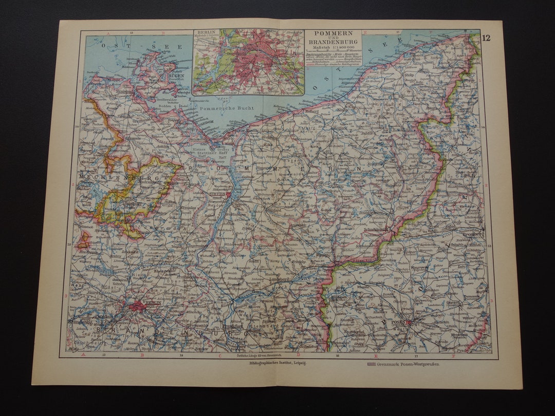 GERMANY Old Map of Pomerania Und Brandenburg Antique Print About Berlin ...