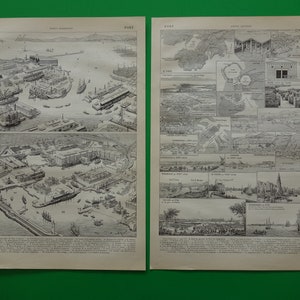 PORTS Old French naval print with pictures of Amsterdam Malta Marseille harbour port antique poster prints Toulon harbours ports set of 2