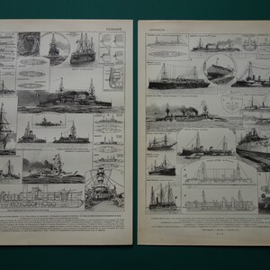 May include: Two vintage pages from a book featuring detailed black and white illustrations of various ships, including warships and sailing vessels. The pages are from a book about naval history.