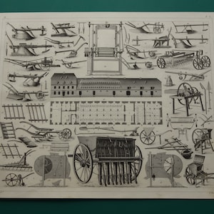 FARMING old print of Farm Equipment vintage illustration Plow Plows Grain cleaning Machine Antique prints Harrow Pictures Farmer gifts