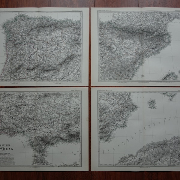 ESPAÑA Gran Mapa Antiguo Conjunto de Cuatro Mapas 1878 original antiguo España Madrid Barcelona cartel - Fechado con año - impresiones vintage 4 Extra Grande