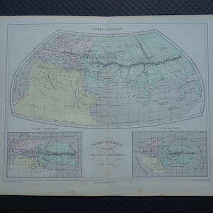 May include: Vintage world map print with detailed geographical features, highlighted in pastel shades. The map includes French text and is framed by a decorative border. A historical cartography piece, ideal for collectors.