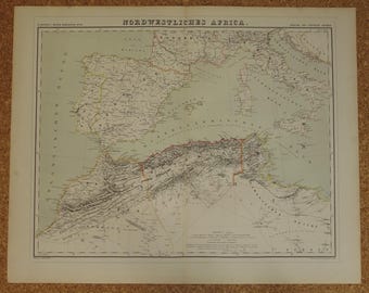 1857 MAROKKO oude kaart van Algerije Spanje GROTE handgekleurde vintage antieke prent over Tunesië Afrika Middellandse Zee gedateerde kaarten