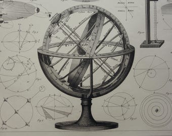 Impresión de ASTRONOMÍA de 1849, póster antiguo original, imágenes antiguas del sistema solar, eclipses solares lunares, luna, sol, esfera armilar, astrolabio esférico.