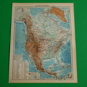 NOORD-AMERIKA kaart oude hoogte hoogtekaart van de VS, Canada, Mexico 1937 vintage Nederlandse print - geologiekaarten medium 10 x 12"