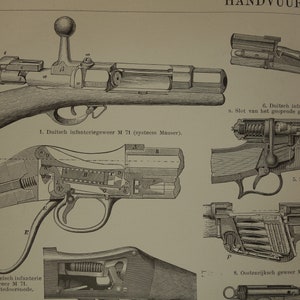 Pode incluir: Uma ilustração detalhada de diferentes tipos de rifles, incluindo o rifle de infantaria alemão M 71, o rifle de infantaria inglês M 71, o repetidor suíço, o rifle austríaco M 88 e o rifle de infantaria alemão 71,84. A ilustração mostra os mecanismos internos de cada rifle, incluindo o ferrolho, o carregador e o gatilho.