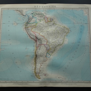 Antike Landkarte von Südamerika 1886 original große handkolorierte Landkarten Südamerika Kontinent Altes Vintage Plakat Patagonien Brasilien Decor