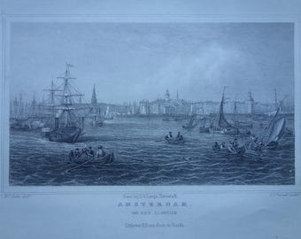 Small antique print of Amsterdam from 1858 original old city view panorama Amsterdam from the water IJ illustration