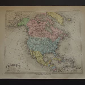 Oude kaart van Noord-Amerika, originele antieke Franse prent uit 1877 over de Verenigde Staten, Canada, Mexico - vintage kaarten