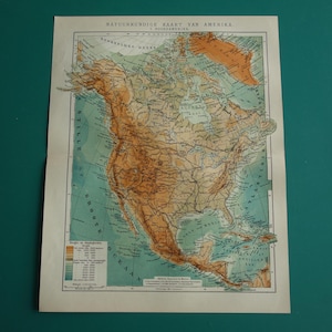 Carte de l'AMÉRIQUE DU NORD - ancienne carte des États-Unis, du Canada et du Mexique - Impression hollandaise antique de 1914 - Cartes géologiques vintage de taille moyenne - 10 x 12"