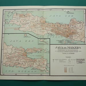 Oude kaart van Java, Indonesië, 1935, antieke hoogtekaart. Originele vintage Nederlandse kaarten van Madura en Java, 9x12 inch.