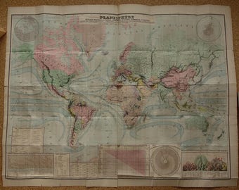 LARGE Antique World Map 1876 - Big Old Worldmap - DAMAGED - Planisphere Physique Politique Historique Fayard - XL Historical Maps