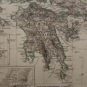 Alte Landkarte von Griechenland aus dem Jahr 1876 Original antiker Druck Athen Piräus Santorini Thera Siros detaillierte Vintage Karten mit Jahreszahl