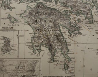 Ancienne carte de la Grèce de 1876, gravure ancienne originale d'Athènes Le Pirée, Santorin Thera Syros, cartes vintage détaillées avec année