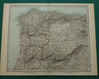 Antique map of Spain Portugal Large original 1886 old print Vintage poster Burgos Coimbra Porto Santiago mapa antiguo de España 14x19" big