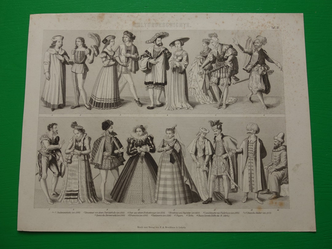 Old Fashion Print of Clothing in 16th Century European Costume Original ...