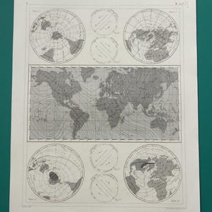 May include: A vintage, detailed map print featuring a world map and several circular polar projections. The maps are in grayscale, with intricate lines and shading to depict geographical features. The print is on aged paper, suggesting its historical significance.