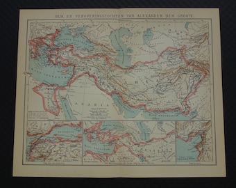 Antique history print about the empire of Alexander the Great and its borders - old map borders Macedonia Persia battle Issus Granicus