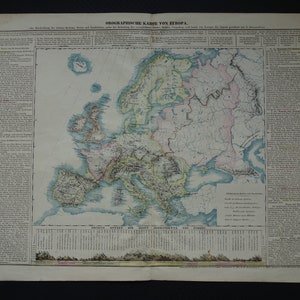 EUROPA antica carta orografica delle montagne Europa 1840 originale grande vecchia stampa continente europeo catena montuosa altitudine mappe d'epoca