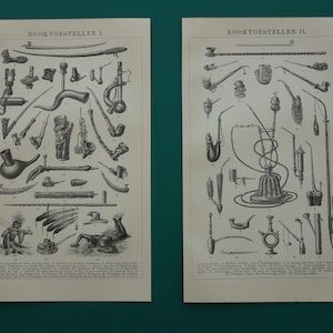 May include: Two black and white illustrations of various smoking pipes and tobacco accessories. The first illustration is titled "ROOKTOESTELLEN I" and the second illustration is titled "ROOKTOESTELLEN II".