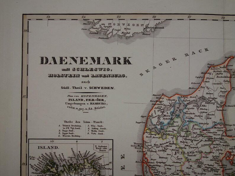 DENMARK Old Map of Denmark Original Antique 1860 Hand-colored Print ...