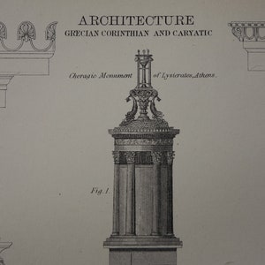 Op de afbeelding: Een zwart-wit architectuurillustratie met de tekst "ARCHITECTURE GRECIAN CORINTHIAN AND CARYATIC". Het toont het Choragisch Monument van Lysicrates, Athene, aangeduid als "Fig. 1". De afbeelding toont klassieke architecturale elementen.