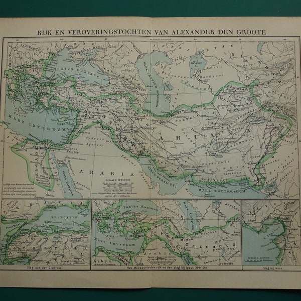 Stampa storica antica sull'impero di Alessandro Magno e i suoi confini - vecchia mappa confina con la Macedonia, la Persia, la battaglia di Isso Granico