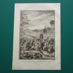 Storia di Roma Stampa antica Originale Illustrazione di oltre 200 anni fa Mitologia romana Battaglia del Lago Curzio Intervento delle donne sabine