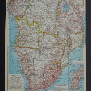 Mapa antigo da África Austral de 1928, pôster vintage detalhado do Congo, África do Sul, Angola, Zâmbia e Madagascar - mapas antigos 24x31cm 9x12"