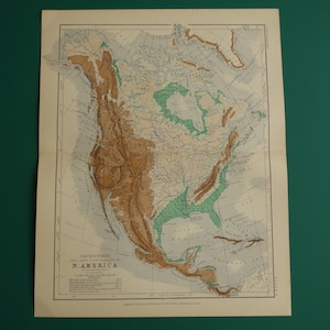 NORDAMERIKA antike Karte von NA Alte englische Karte über nordamerikanischen Kontinent Karte Meereshöhe Höhe Physische Vintage Karten Johnston