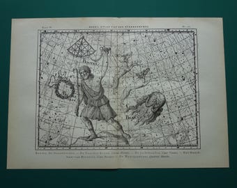 Old star chart Dutch vintage astronomy print of Canes Vena Bootes Virgo Coma Berenice sign Constellation stars antique illustration prints