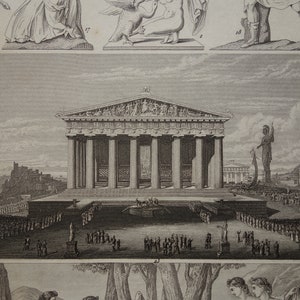 Stampa d'epoca di divinità greche e romane Illustrazione originale di oltre 170 anni Dio Divinità Sculture Rituali Stampe religiose antiche antichità