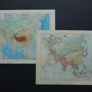 ASIA old map of Asia 1926 original vintage maps Political and Physical map of continent set of 2 two matching prints