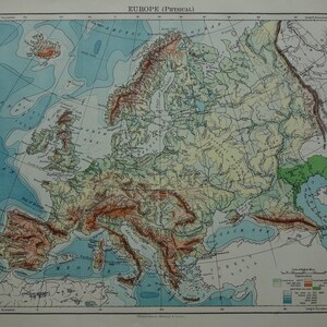 Alte Karte von Europa 1901 antiker englischer Druck über Höhe europäische Kontinent Berge und Flüsse Vintage physische Karten Plakat